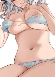 absurdres areola_slip blue_bra blue_panties blush bra female girls'_frontline grey_hair highres navel open_mouth panties red_eyes side-tie_panties simple_background solo spas-12_(girls'_frontline) stomach terras underwear white_background