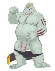 1boy 2014 balls biceps canson chubby clothing erection flexing machoke male male_only musclegut muscles nintendo nipples pants pants_down penis plain_background pokemon pokemon_(species) red_eyes solo thick_penis vein