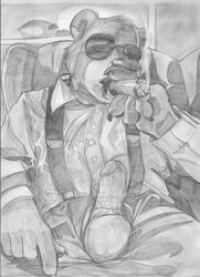 1boy bear cigar clothed dbruin erect_penis erection eyewear fur furry furry_only glasses male male_only monochrome penis penis_out presenting sitting sketch smoke smoking solo suit suspenders testicles