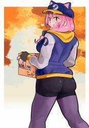 ass ass_focus cap detailed_background holding_box jacket looking_at_viewer looking_back pink_hair simple_eyes smile smile_at_viewer sports_shorts steam_delivery_girl