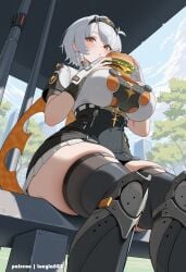 ai_generated anby_demara_(silver_soldier) armor armored_boots black_skirt black_thighhighs blue_sky blush burger eating female fingerless_gloves from_below hairband holding_food large_breasts looking_at_viewer lucyla miniskirt orange_eyes outdoors patreon_username short_hair short_sleeves sitting skindentation thick_thighs tree white_gloves white_hair zenless_zone_zero zettai_ryouiki