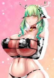 1girls ceres_fauna cow_bikini cow_print green_hair hololive huge_breasts ryusuke_kh_(ryusuke_kyte_hagane) tagme