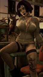 3d bioshock bioshock_infinite black_hair busty dinoboy555 elizabeth_comstock fallout female female_focus female_only green_eyes hourglass_figure makeup nuka-cola pale-skinned_female pale_skin piercing punk punk_girl sitting tagme tattoo wasteland wide_hips