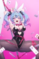 animal_ears armpits arms_up black_leotard blush broken_handcuffs cleft_of_venus clothing_cutout covered_navel cutout_above_navel fake_animal_ears female hair_ornament hatsune_miku heart heart-shaped_pupils heart_cutout highres inner_thigh_dips leotard long_hair looking_at_viewer marking_below_eyes mushi_aoi object_in_bra open_mouth pantyhose pink_pupils playboy_bunny pole pussy_visible_through_clothes pussy_visible_through_leotard rabbit_hole_(vocaloid) solo spread_legs spring_rider stomach_cutout stripper_pole symbol-shaped_pupils teardrop_facial_mark thighs twintails vocaloid x_hair_ornament