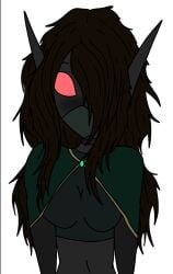 2d blush breasts breasts brown_hair choker cloak clothed clothing dark-skinned_female dark_skin elf elf_ears elf_female elf_girl female female female_focus female_only gem gloves green_cloak green_clothing green_mask grey_body grey_skin grey_skinned_female hair long_ears long_hair looking_at_viewer mask masked messy_hair mostly_clothed nipples original original_character pink_eyes shoulders solo solo_female solo_focus topwear uncensored upper_body wild_hair woman_only