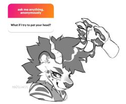 2023 2_horns ambiguous_species answer curved_horn felid goo_body goo_drip greyscale headpat hi_res horn lion looking_up_at_partner maefeline mammal monochrome ngl pantherine pawpads qna question