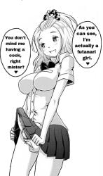 1futa 1girls big_penis black_and_white blonde_hair doujinshi english_text futanari hairtie hibino_misuzu long_hair medium_breasts skirt yankee_jk_kuzuhana_chan