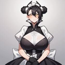 1girls after_fellatio agent_(girls'_frontline) ai_generated asymmetrical_hair black_hair black_horn blush double_bun girls'_frontline hair_between_eyes huge_breasts kao140522 maid maid_headdress pubic_hair stray_pubic_hair sweat yellow_eyes