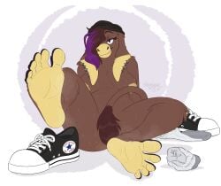 5_toes anthro beanie bodily_fluids breasts clairebearart clothing converse feet female foot_fetish foot_focus hat headgear headwear hi_res humanoid_feet nipples nude plantigrade soles solo sweat sweaty_feet toes