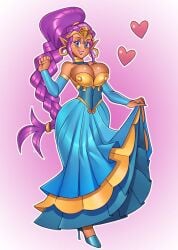 1girls blue_dress blue_eyes blue_heels braided_ponytail breasts dress earrings eyeshadow high_heels hoop_earrings large_breasts lipstick looking_at_viewer makeup nauth nauth_le_roy painted_fingernails ponytail purple_hair shantae shantae_(character) snake_tiara tiara