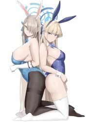 absurdres animal_ears aqua_bow aqua_bowtie aqua_leotard asuna_(blue_archive) asuna_(bunny)_(blue_archive) blue_archive blue_bow blue_bowtie blue_hairband blue_halo blue_leotard bow bowtie breasts cleaning_&_clearing_(blue_archive) detached_collar fake_animal_ears hair_over_one_eye hairband half_up_braid halo highleg highleg_leotard highres kneeling leotard millennium_science_school_student official_alternate_costume pantyhose playboy_bunny rabbit_ears sideboob strapless strapless_leotard thighband_pantyhose tnr_(horiko1525) toki_(blue_archive) traditional_bowtie white_wrist_cuffs wrist_cuffs