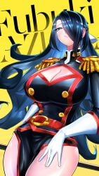 anti-demon_corps_uniform azuma_fubuki belt belt_buckle blue_eyes blue_hair cleavage gloves hair_over_one_eye hair_ribbon kitsunoko large_breasts long_hair mato_seihei_no_slave milf pelvic_curtain ribbon solo_female thighs