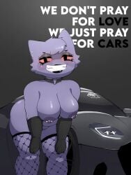 anthro areola armwear big_breasts black_clothing black_eyes black_gloves black_handwear black_lipstick breasts car cheek_tuft choker clothing ear_piercing elbow_gloves eyelashes eyeshadow facial_tuft female fishnet_clothing fishnet_legwear fur generation_1_pokemon gengar genitals gloves grey_background grey_eyeshadow handwear head_tuft hi_res huge_breasts jewelry legwear lipstick looking_at_viewer makeup necklace nintendo nipple_piercing nipples piercing pokemon pokemon_(species) purple_areola purple_body purple_fur purple_nipples red_sclera sanygtr simple_background smile solo text thick_thighs tuft vehicle vulva wide_hips