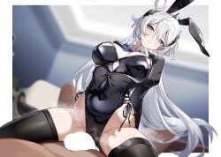 1boy absurdres animal_ears black_leotard blank_censor blue_eyes breasts censored cleavage cowgirl_position detached_collar fake_animal_ears female highres honkai_(series) honkai_impact_3rd huiqian kiana_kaslana kiana_kaslana_(herrscher_of_flamescion) large_breasts leotard open_mouth playboy_bunny ponytail rabbit_ears sitting sitting_on_person spread_legs straight strapless thighhighs white_hair