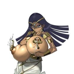 big_breasts bimbo black_hair breasts clothing dark-skinned_female dark_skin dress gigantic_breasts huge_breasts huge_nipples hyper_breasts ishizu_ishtar isis_ishtar lactation large_breasts long_hair milk nipple_piercing nipples piercing rochestedorm topless yu-gi-oh! yu-gi-oh!_duel_monsters