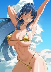 areola_slip arms_up bikini blue_hair blush breasts covered_erect_nipples female gold_bikini groin hololive hololive_english huge_breasts large_areolae looking_at_viewer micro_bikini navel ouro_kronii sagging_breasts smile solo swimsuit undersized_clothes yanjhia