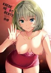 10s 1girls beauty_mark blue_eyes blush breasts breasts_out collarbone dress female_focus green_eyes heterochromia idolmaster idolmaster_cinderella_girls jewelry large_breasts leaning_forward looking_at_viewer mole mole_under_eye necklace nipples no_bra ribbed_dress saikawa_yusa short_dress short_hair smile solo takagaki_kaede