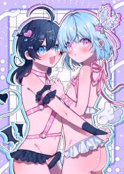 2boys ahoge angei back_view big_ass black_hair blue_eyes blue_hair devil femboy heart jewelry kira_kira_right navel oc pink_eyes ponytail ribbon short_hair small_breasts smile star white_hair