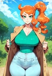 1girls ai_generated big_breasts blue_eyes blush clothed clothing color female female_focus female_only game_freak gym_leader hi_res large_breasts light-skinned_female light_skin long_hair looking_at_viewer nintendo orange_hair pokemon pokemon_ss pokemon_trainer solo solo_female sonia_(pokemon) tagme thick_thighs zawuardo