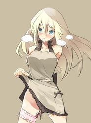 alternate_costume apron apron_lift bismarck_(kantai_collection) blonde_hair blue_eyes breasts brown_background female iwasaki_takashi kantai_collection long_hair medium_breasts naked_apron pussy_juice sideboob solo vibrator