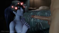 1boy 1girls 3d 3d_model arm_tattoo bedroom breasts female helmet hesitant looking_up low_light nude nude_female nude_male overwatch penis purple_hair purple_skin tagme thinking widowmaker yellow_eyes