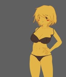 1girls bare_shoulders blush bra brown_underwear cleavage collarbone dot_eyes emoji_(race) female gastkeser82 groin navel panties short_hair smile solo solo_female strap_gap strap_slip underwear underwear_only yellow_hair yellow_skin