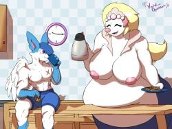 absurd_res alan_(alanshinys) ambient_among_us anthro areola ass belly beverage big_belly big_breasts big_butt big_tail blonde_hair blue_body blue_fur blue_hair boxers_(clothing) boxers_only breasts casual_nudity clothed clothing coffee coffee_cup container cookie cup detailed_background duo eeveelution female food fur furniture generation_6_pokemon generation_7_pokemon hair hi_res huge_belly huge_breasts huge_butt huge_tail humanoid kitchen male morbidly_obese morbidly_obese_female muscular muscular_male narrowed_eyes nintendo nipples obese obese_female overweight overweight_female pink_areola pink_eyes pink_nipples pokemon pokemon_(species) primarina scar shiny_pokemon slightly_chubby slightly_chubby_female sylveon table tail topless trash_can underwear underwear_only void_opossum white_body white_fur wings