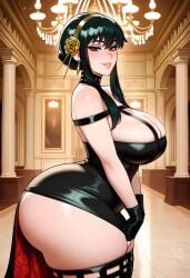 black_dress indoors yor_briar yor_forger spy_x_family light-skinned_female light_skin 1girls 1girl solo solo_female female_only curvy curvy_figure curvaceous curvy_female curvy_body curvaceous_figure curvaceous_female voluptuous voluptuous_female long_hair black_hair red_eyes hi_res highres ai_generated ai-created stable_diffusion dreamcoreart teasing teasing_viewer huge_breasts huge_ass large_breasts venus_body slender_waist busty