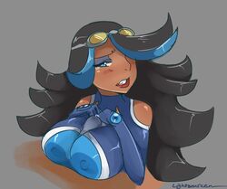 bare_shoulders black_hair blue_eyes blush breasts bulge clothed clothed_female clothed_female_nude_male clothed_sex dark-skinned_female dark_skin female goggles hair human human_only large_breasts lightsource long_hair makeup male nintendo paizuri paizuri_under_clothes pokemon pokemon_oras precum_through_clothing shelly_(pokemon) shelly_(pokemon_oras) silvina_(pokémon) straight team_aqua tears two_tone_hair