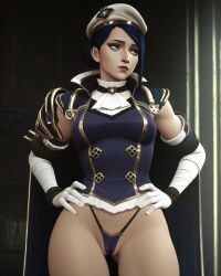 2d ai_generated arcane arcane_commander_caitlyn beret caitlyn_kiramman cameltoe cape elbow_gloves fakeshit gloves hair_bun hands_on_hips hat league_of_legends light_skin looking_to_the_side makeup medium_breasts military_hat military_uniform outfit panties riot_games solo standing thong underwear