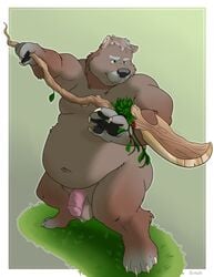 anthro balls bravo brown_fur claws dungeons_and_dragons fur glaive green_eyes grey_fur holding_object holding_weapon holly_(plant) male male_only mammal melee_weapon overweight overweight_male penis plant polearm simple_background solo ursine weapon wood