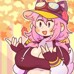 1girls big_breasts breasts cap cat_ears cleavage clothed_female fingerless_gloves goggles hat light-skinned_female mob_face notnoe_(dxcl) pink_hair solo solo_female steam_(software) steam_delivery_girl