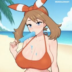 1girls blue_eyes breasts brown_hair cleavage female game_freak huge_breasts light-skinned_female light_skin long_hair may_(pokemon) may_(pokemon_oras) mereoleonart nintendo pokemon pokemon_oras pokemon_rse