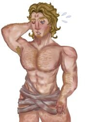 avoiding_eye_contact bandage bandages beard_stubble blonde_hair body_hair chest_hair curly_(mouthwashing) digital_art facial_hair half_naked male_focus male_only mouthwashing mouthwashing_(game) muscular_male nervous no_visible_genitalia