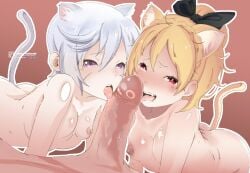 1boy 2girls animal_ears big_penis blonde_female blonde_hair cat_ears cat_tail chris_(konosuba) crossover felt_(re:zero) kono_subarashii_sekai_ni_shukufuku_wo! licking licking_penis nude_female re:zero_kara_hajimeru_isekai_seikatsu scar silver_hair simple_background small_breasts tail threesome