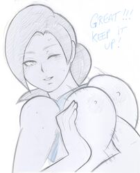 1boy 1girls ;) antiheld breasts female highres large_breasts long_hair male monochrome nipples one_eye_closed paizuri penis ponytail shirt_lift sketch smile straight tabletorgy tank_top tied_hair wii_fit wii_fit_trainer