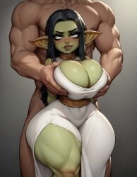 ai_generated dress drooling goblin goblin_female green_skin huge_breasts looking_at_another muscular_male original original_character smirk thick_thighs tight_clothing voluptuous voluptuous_female