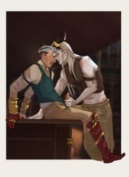 desk dragon_age dragon_age_the_veilguard emmrich_volkarin handjob horns pink_eyes potatolord00 qunari rook_(dragon_age) salt_and_pepper_hair silver_hair