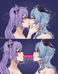 2girls deepthroat dildo female female_only ganyu_(genshin_impact) keqing_(genshin_impact) kissing kurodahlia18 looking_at_another open_mouth saliva