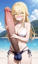 1futa ai_generated beach big_breasts blonde_hair erection futanari huge_cock hyper_penis swimsuit zynai