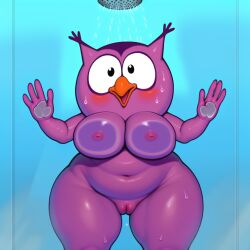 1girls 2024 against_glass against_surface ai_generated anthro areola areolae avian balbesina bathroom beak belly belly_button big_breasts bird blush breast_squish breasts curvy curvy_figure digital_media_(artwork) eye_contact furry gilf indoors kikoriki looking_at_viewer mature_female milf nipples nude olga_(kikoriki) on_glass overweight overweight_female owl plump purple_body purple_skin pussy riki_group seductive shower showering simple_background smeshariki solo solo_female solo_focus sovunya squish stable_diffusion standing thick_thighs voluptuous water wide_hips