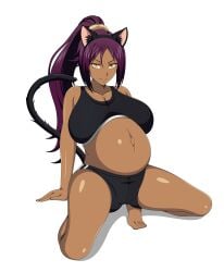 1girls atri belly big_belly bleach bra cat_ears dark-skinned_futanari dark_skin female panties pregnant shihouin_yoruichi solo