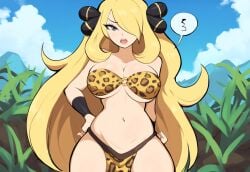 1girls ai_generated big_breasts blonde_hair cynthia_(pokemon) day forest jungle jungle_girl loincloth mullon novelai pokemon pokemon_dppt solo