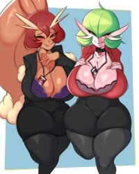 2girls big_breasts blush bra clothed clothing color female female_focus female_only furry furry_female furry_only game_freak gardevoir green_hair hi_res large_breasts light-skinned_female light_skin looking_at_viewer lopunny nintendo office_clothing office_lady pokémon_(species) pokemon pokemon_(species) pokemon_dppt red_hair saltyxodium short_hair solo_female stockings tagme thick_thighs