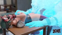 3d_(artwork) accessory animal_genitalia animal_penis anthro blue_body blue_fur breast_grab breasts canid canine canine_genitalia canine_penis clothed clothing cunnilingus digital_media_(artwork) duo erection female fur furniture genitals green_hair hair hand_on_breast headband hi_res human male male/female mammal mythological_canine mythological_creature mythology ninja oral partially_clothed penis sex table vaginal_penetration warrior watermark werecanid werecanine werecreature werewolf z-k9