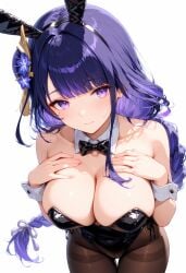 ai_generated big_breasts bunny_ears bunny_girl bunny_tail bunnysuit genshin_impact huge_breasts huge_thighs long_hair purple_eyes purple_hair raiden_shogun smile thighs