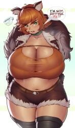 animal_humanoid big_breasts blush bodily_fluids bottomwear breasts clothed clothing coffeeslice female freckles green_eyes hi_res huge_breasts humanoid looking_at_viewer mammal mammal_humanoid marvel marvel_rivals navel rodent rodent_humanoid sciurid sciurid_humanoid squirrel_girl_(marvel) squirrel_girl_(marvel_rivals) sweat sweatdrop sweaty_breasts topwear torn_clothing tree_squirrel_humanoid