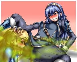 2girls blonde_hair blue_eyes blue_hair blush clenched_teeth fart fart_cloud fart_fetish farting farting_in_face fire_emblem fire_emblem_awakening hand_on_head lazei legs_apart lucina_(fire_emblem) metroid nintendo open_mouth ponytail samus_aran yuri zero_suit_samus