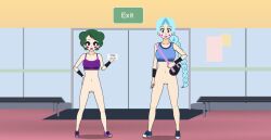 2girls bottomless bottomless_female disney disney_channel disney_xd eclipsa_butterfly green_hair gym gym_bag gym_uniform kisekae kisekae_2 light_blue_hair light_skin model_pose moon_butterfly pose public_indecency queen sneakers sports_bra star_vs_the_forces_of_evil svtfoe vagina white_female workout