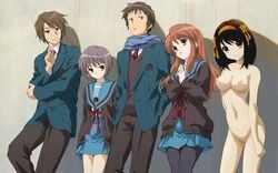 asahina_mikuru black_legwear breasts brown_eyes brown_hair crossed_arms hair_ribbon kneehighs koizumi_itsuki kyon long_hair multiple_girls nagato_yuki nipples nude pantyhose purple_hair pussy red_hair ribbon scarf school_uniform short_hair skirt smile smirk suzumiya_haruhi suzumiya_haruhi_no_shoushitsu suzumiya_haruhi_no_yuuutsu wall